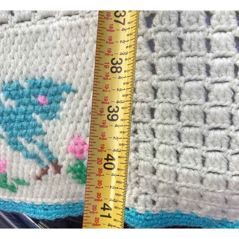 Vintage Crochet Baby Blanket Afghan Throw White Blocks Squares Animals Handmade